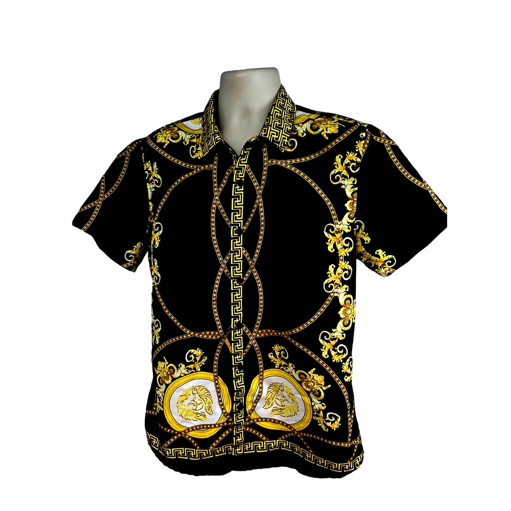 Enrico Rossini Mens Designer Black Gold Graphic Lion Button Up Shirt Large